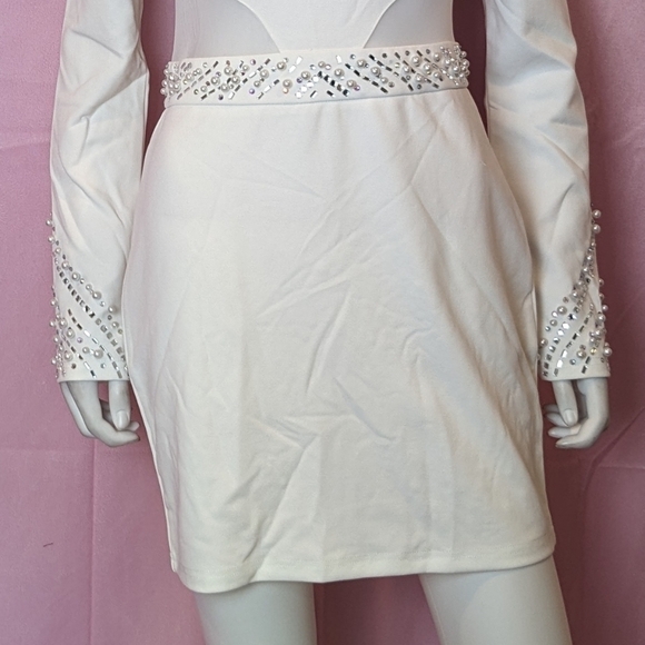 Banjul White Long Sleeve Mesh Insert Pearl Embellished Mini Dress Shoulder Large - Picture 3 of 10